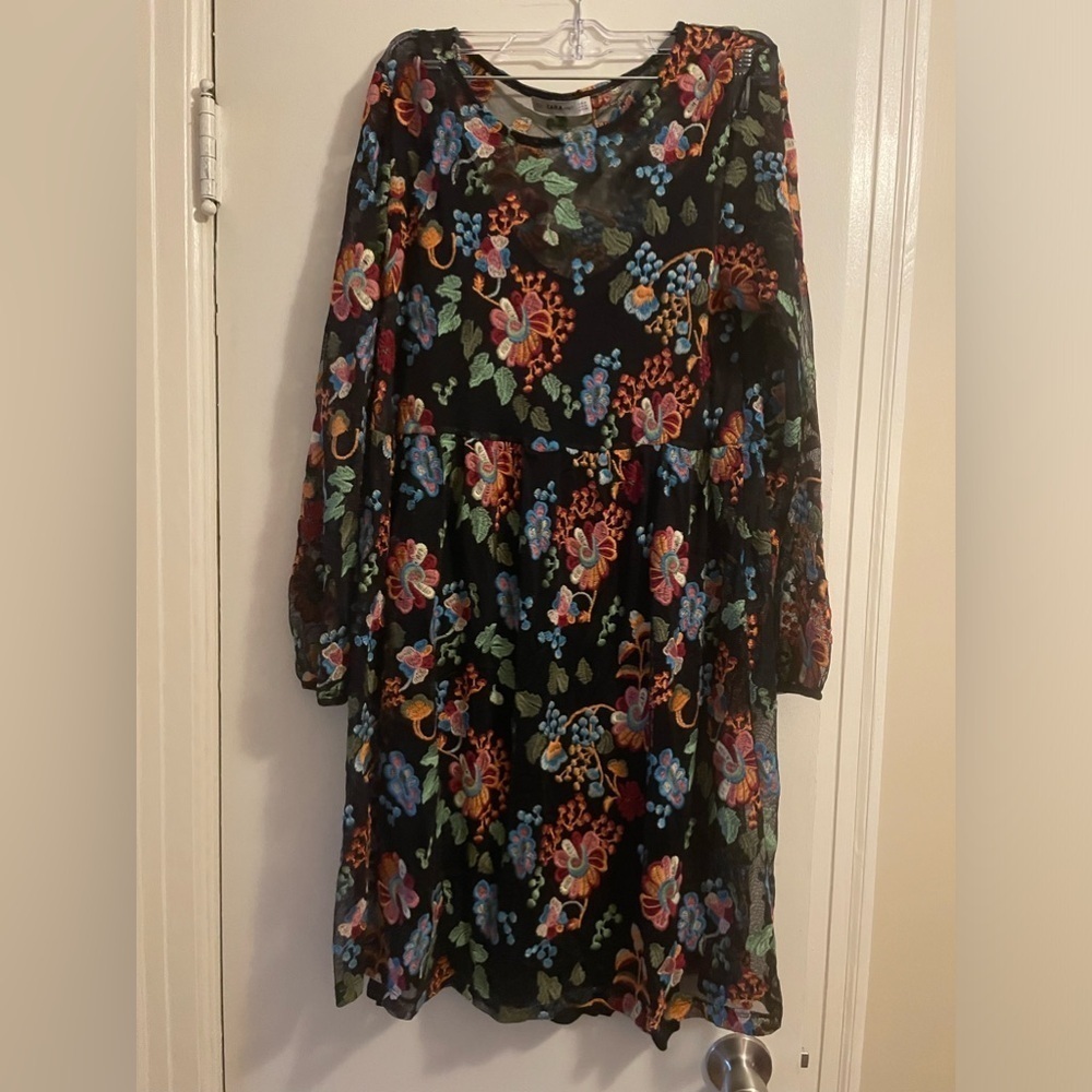 Zara Knit Slip Dress with Vibrant Floral Embroidered Mesh Overlay Size Medium